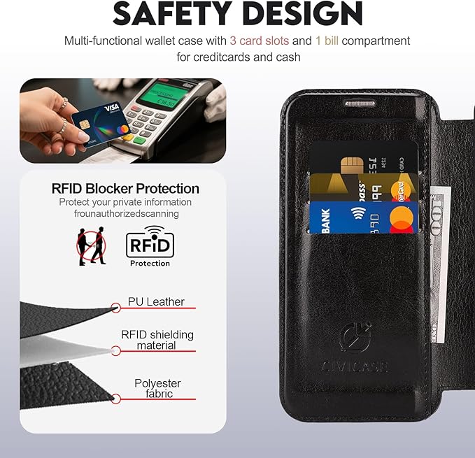 CIVICASE for iPhone 16 Pro Wallet Case with Stand,PU Leather Flip Credit Card Holder Slots (RFID Blocking),Compatible with Magsafe Magnetic Holder Phone Cover Women Men,Black
