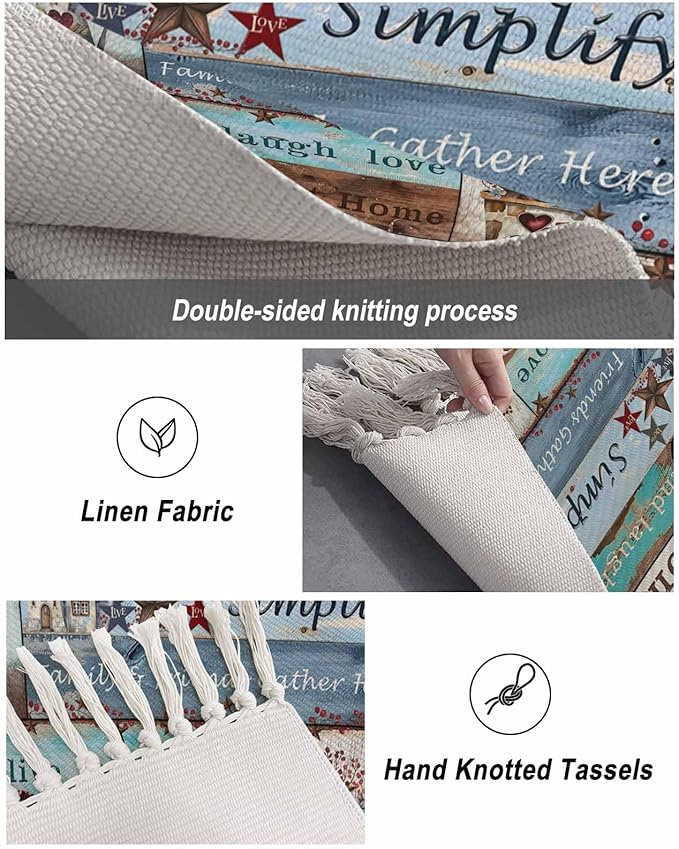 Turquoise Blue Brown Runner Rug 3X5 Ft Bedroom Area Rug, Washable Woven Vintage Barn Rustic Cabin Throw Carpet with Tassel, Non-Shedding Country Star Farm Wooden Plank Dining Room Living Room Carpets
