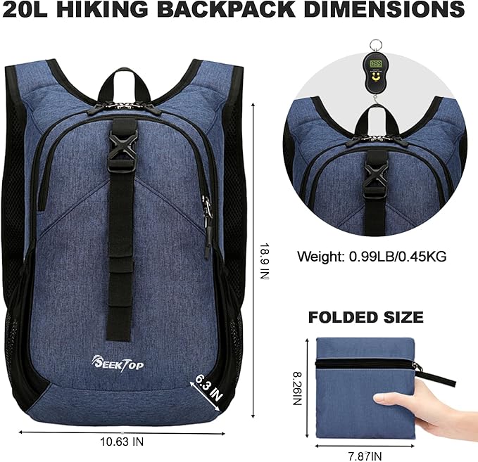 Seektop 20L Small Hiking Backpack for Women Men, Lightweight Hiking Packable Daypack with Phone Pocket for Travel Camping (Dark Blue, 20L)
