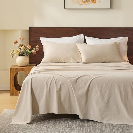 MEISHANG 100% French Pure Linen Sheets California King - Bed Sheets 4 Piece Sets, Soft Durable Flax Linen, Anti-Tear Breathable Oeko-Tex Certified with 16" Deep Pocket (Linen)