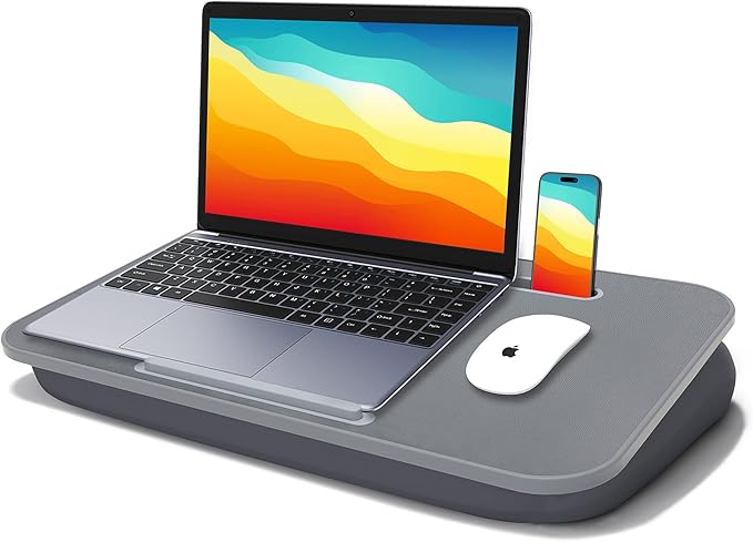 Lap Desk, Lap Desk with Cushion, Fits up to 17 inch Laptop, Pillow Designed, Portable Laptop Stand with Tray, Pad & Phone Holder, Home Office for Bed/Couch/Car/Reading/Writing, MillHome (Gray)