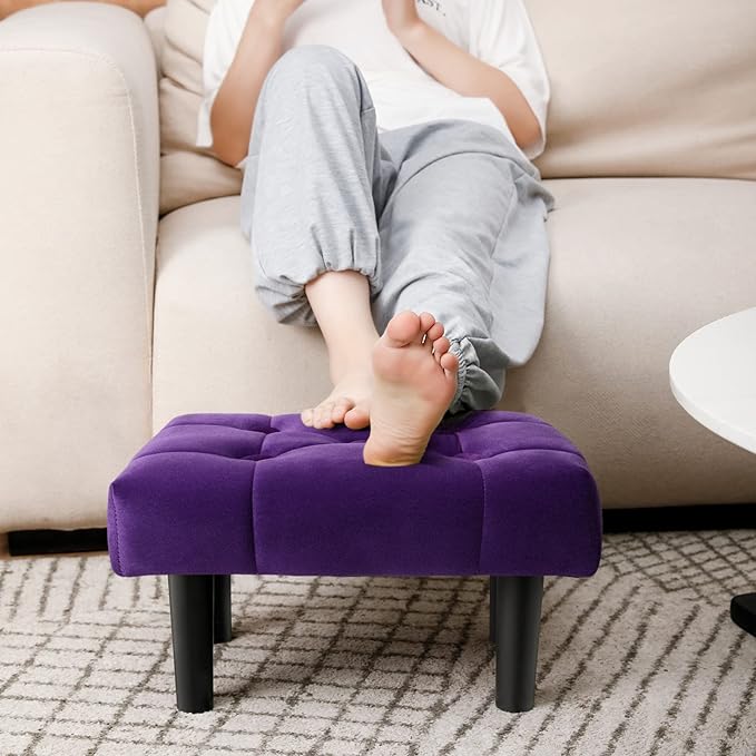 HOUCHICS Small Footstool Ottoman, Velvet Wooden Foot Stool Ottoman with Wood Legs, Sofa Footrest Extra Seating for Living Room Entryway Office(Purple 2PACK)