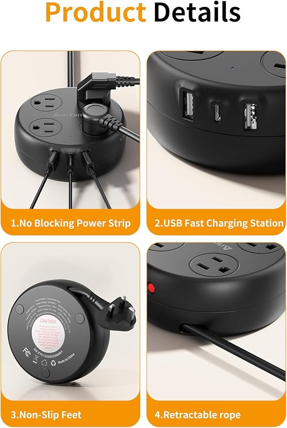 UK Travel Plug Adapter - Retractable Power Strip with 4 AC Outlets & 3 USB Ports (USB-C), Type G Adapter for US to UK, Ireland, Scotland, Hong Kong, Dubai (Black)