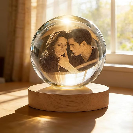 Personalized 3D Photo Crystal Ball Night Light – Custom Engraved Picture Lamp with Wood Base for Couples, Family & Pets – Ideal for Anniversary or Birthday