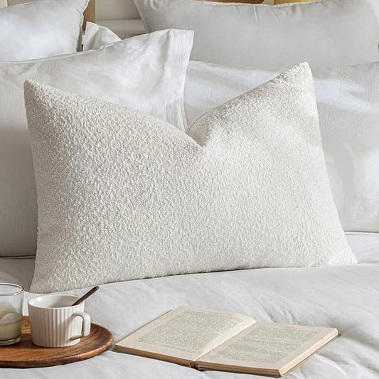 MIULEE Textured Boucle Throw Pillow Cover White Accent Solid Lumbar Christmas Pillow Case Decorative Soft Pack of 1 Couch Cushion Chair Sofa Bedroom Livingroom Home Decor,24x16 Inch