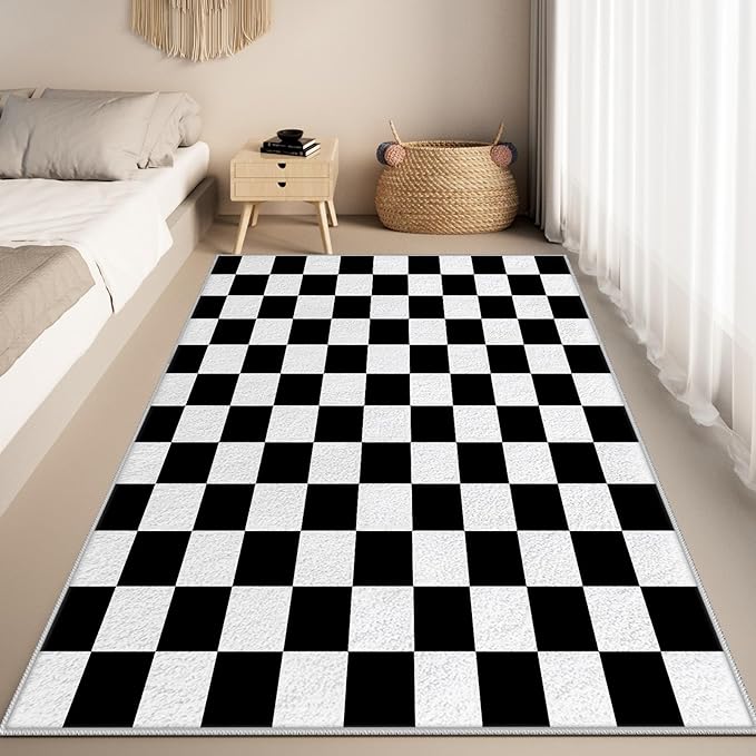 Black and White Checkered Rug for Living Room, 7x9 Area Rugs, Checkered Area Rug, Geometric Plaid Large Rugs, Washable Non Slip Retro Carpet Home Floor Decor