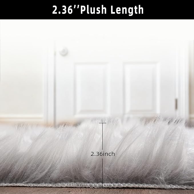 Grey Faux Fur Sheepskin Area Rug for Living Room Bedroom, 2 x 6 Feet Ultra Soft Shaggy Fuzzy Furry Carpet Chair Throw Runner Rugs for Kids, Girls, Nursery Room Decor Dorms