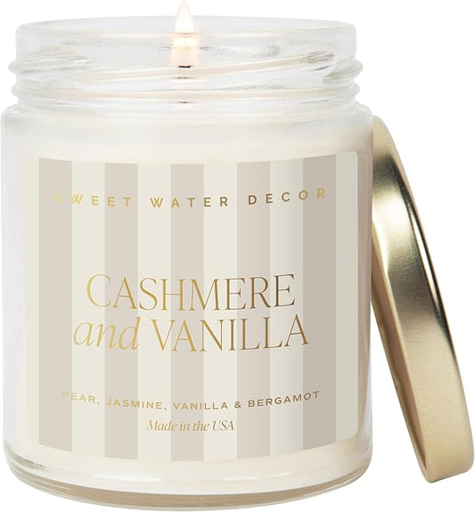 Sweet Water Decor Cashmere and Vanilla Patterned Candle – Soy Candles with Coconut, Bourbon Vanilla, Cashmere, Sandalwood, Musk – 40 Hour Burn – 9oz Clear Glass Jar – Luxury Spring Candle