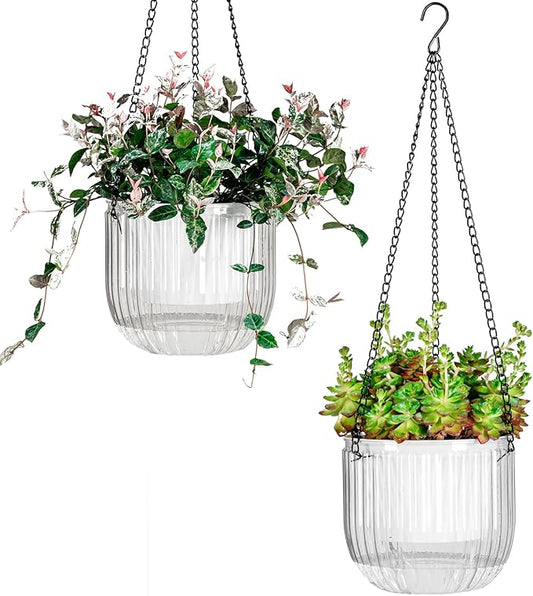 Josteve 6.5 Inch 2 Pcs Self Watering Hanging Planter Indoor Plant Pots Drainage Holes, Outdoor Hanging Planters Flower Pot Basket, Visible Water Level, Plant Hanger Home Decor, Gardening