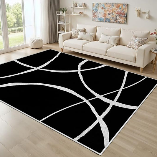 Black and White Rugs - Area Rugs 8x10, Abstract Rug, Modern Minimalist Rug, Curved Line Design Carpet, Black and White Abstract Carpet for Living Room Washable Non Slip Home Decor 8x10