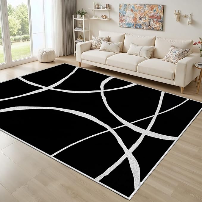 Black and White Rugs, Abstract Rug, Modern Minimalist Rug, Curved Line Design Carpet, Black and White Abstract Rugs Washable Non Slip Home Decor 3x4
