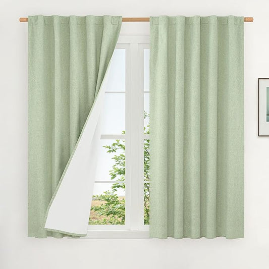 LAMIT Natural 100% Blackout Linen Curtains, 54 Inches Linen Textured Thermal Bedroom Curtains Back Tab and Rod Pocket Neutral Panels with White Liner for Farmhouse, 2 Panels, 42 x 54 Inch, Light Green