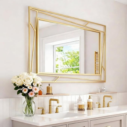 Brushed Gold Bathroom Mirror, 48''X24'' Rectangular Wall Mirrors with Geometric Metal Frame for Bathroom Bedroom Living Room, Hang Horizontally or Vertically