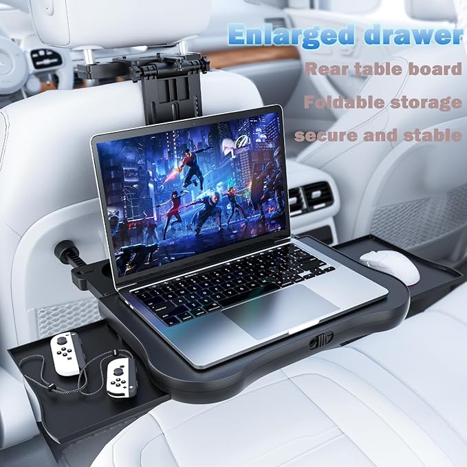 [Upgraded] Car Seat Table with Expandable Tray - Car Desk for Laptop Car Backseat Mount, Car Trays for Eating with Non-Slip Pad/Phone&Tablet Holde, Car Accessories for Writing/Laptop/Dining/Work