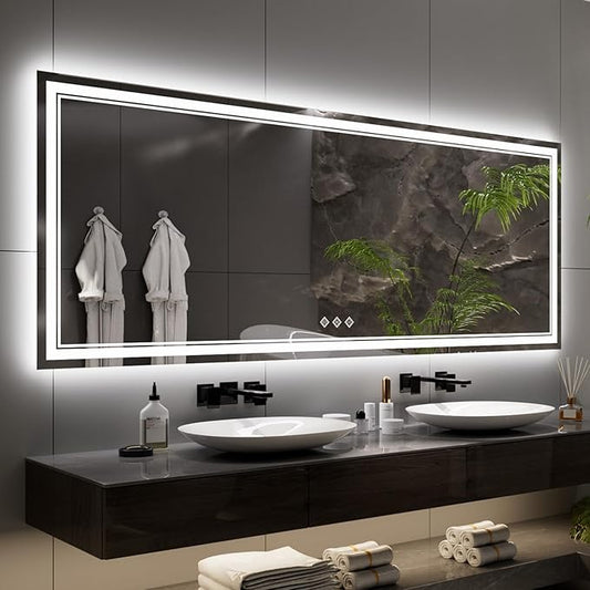 Bathroom Mirror with Lights, 96x36 Inch Gradient Front and Backlit Big Lighted Bathroom Mirror, 3 Colors Dimmable CRI>90 Double Lights, IP54 Enhanced Anti-Fog, Wall Mount LED Mirror