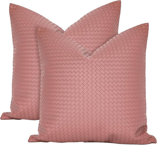 Faux Leather Throw Pillow Cover 18X18 Inch Set of 2 Woven Pink Outdoor Modern Farmhouse Solid Decorative Pillow Covers for Room Couch Living Bedroom Bed Sofa