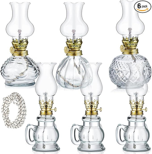 Yexiya 6 Pcs Chamber Oil Lamps Oil Lamp Vintage Glass Kerosene Lamp Bulk with Adjustable Fire Wick Rustic Clear Hurricane with 6.6 ft Extra Wick for Indoor Use Home Decor 8 Inch (Cute Style)