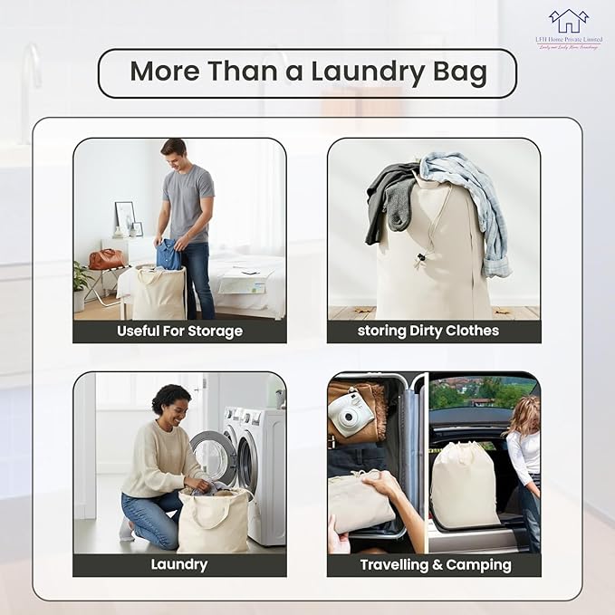 LFH Home Cotton Canvas Large Laundry Bag with Handle, Heavy Duty Drawstring Closure Washable Laundry Bags, School Travel, Home, Hotel, College Dorm, Organizer Sack, Toy Clothes 28x36 (Pack of 4)-White