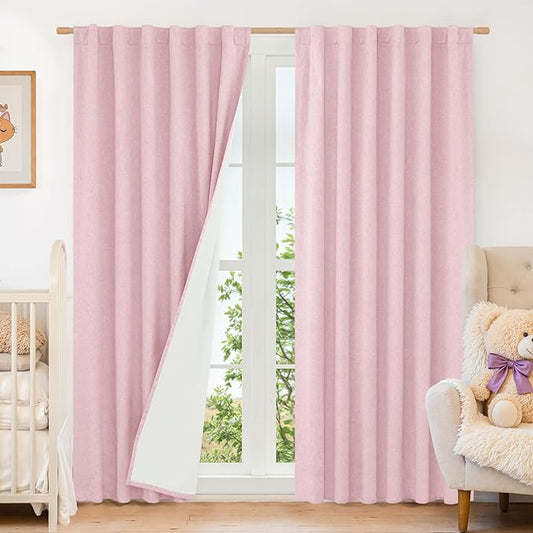 LAMIT Pink 100% Blackout Linen Curtains, 84 Inch Linen Textured Living Room Farmhouse Curtains Room Darkening Back Tab and Rod Pocket Burlap Neutral Panels with White Liner, 2 Panels, 52 x 84 Inch