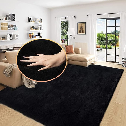 Black Washable Area Rugs 6x9 Rugs for Living Room Faux Rabbit Fuzzy Fur Rug for Bedroom Nursery Rugs Room Décor