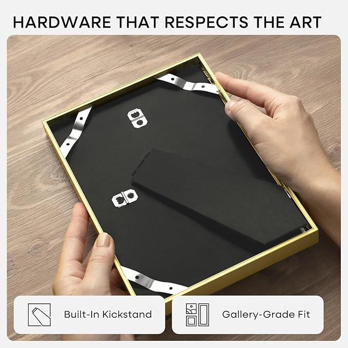 Homeforia A5 Picture Frame Gold, High End Metal 5.8 x 8.3 Frames Matted to 4.1 by 5.8 inch Photo, A5 Frame with Mat A6, 5.8x8.3 Poster Frames, 8.3x5.8 Display Frame, Tempered Glass, Wall Kit, Set of 1