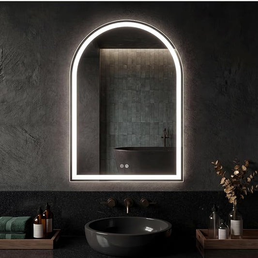Sweetcrispy 24"×36" LED Bathroom Mirror with Lights, Arched Vanity Mirror with Anti-Fog, Dimmable, 3-Color Light, Memory Function, Tempered Glass