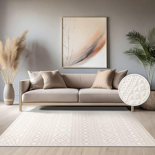 Paco Home Modern Area Rug with Carved Geometric Pattern in Cream Ivory, Size: 2'8" x 4'11"