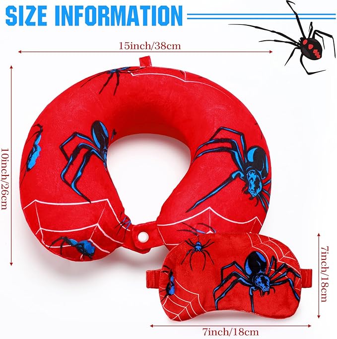 2 Pcs Spider Travel Pillow with Sleep Eye Mask, Cartoon U Shaped Memory Foam Neck Pillow with Washable Cover, Soft Comfortable Head Support Travel Accessories for Airplane Car Train Bus Trips