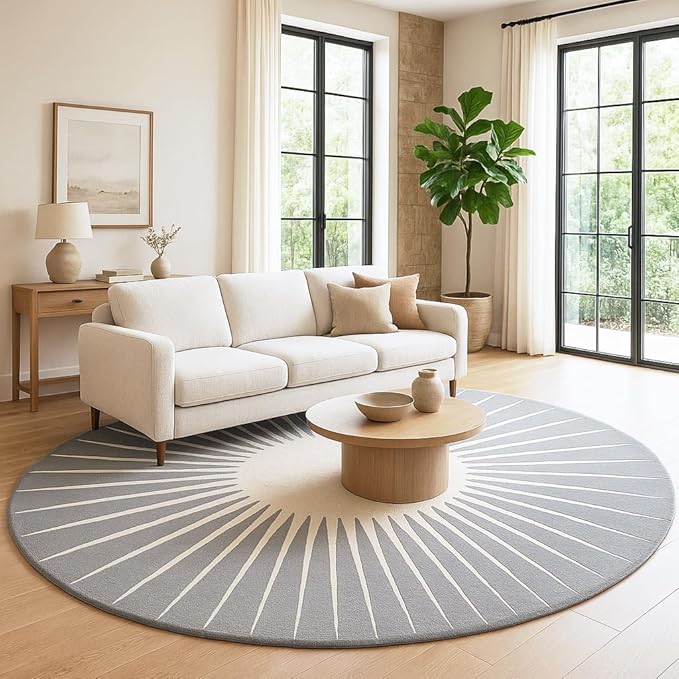 Modern Round Area Rug – Hand-Tufted with 100% NZ Wool, Thick & Soft Circular Carpet for Living Room, Bedroom & Dining Room Decor (Grey, 4' Round)