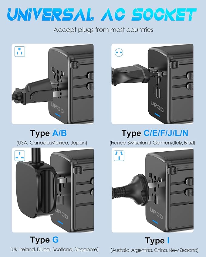 35W PD Universal Travel Adapter, 5 USB A/C Ports and 2500W AC Outlet, Fast Charging International Plug Converter Worldwide Travel Charger Multi Plugs All in One for EU US UK AUS 200+ Countries