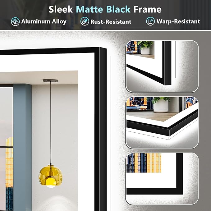 96"x36" Black Framed LED Bathroom Mirror with Lights, Backlit & Front Lit, Anti-Fog Lighted Vanity Mirrors for Bathroom Wall, Dimmable, 3 Colors, Memory, Shatter-Proof, Tempered Glass, CRI＞90