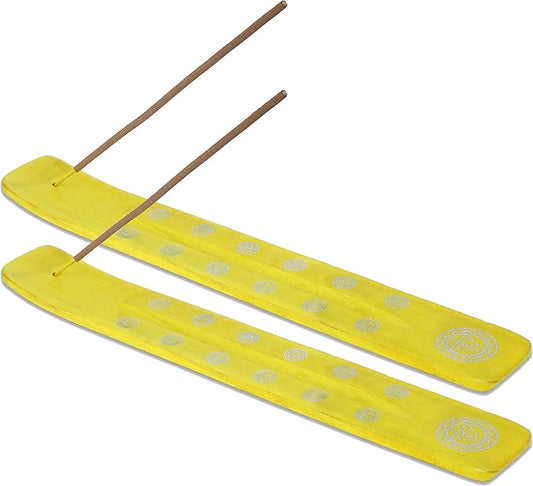 Bless-International Traditional-Handmade-Burner Wooden-Incense-Stick-Holder Ash-Catcher-Stand for-Aromatherapy-Meditation-Yoga (Positivity Yellow) 10 Inches, Pack of 2