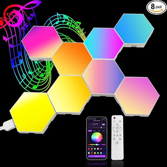 8 Pack Hexagon Lights for Wall LED, That Sync with Music, APP & Remote Controls Hex Lights, RGB LED Wall Panels for TV, Bedroom, Living Room, Game Room Decor