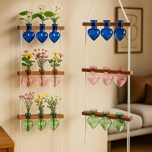 Leinuosen Wall Hanging Plant Propagation Stations 3 Tiered Planter Terrarium with Wooden Stand Home Decor Valentines Gifts for Her Hydroponics Plant Lovers - 9 Glass Vases(Heart Shaped,Multicolor)