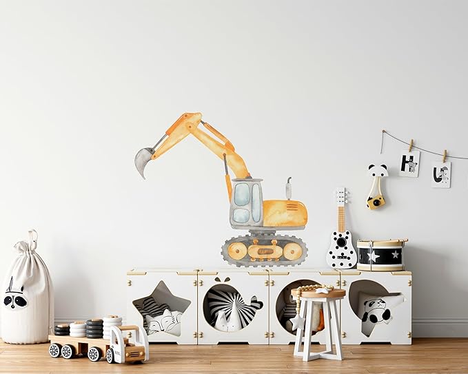 Construction Excavator Wall Decal for Boys Room, Construction Eqipment Peel Stick Removable Fabric Wall Sticker, Nursery or Playroom Decor, Repositionable (36 inch: 32" Tall x 36" Wide)
