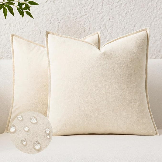 Kevin Textile Waterproof Decorative Pillow Covers Cream White 24x24 Inch Pack of 2 Soft Boucle Textured Euro Pillowcases Elegant Accent Pillows for Couch Sofa Chair Bed Home Decor Indoor Outdoor