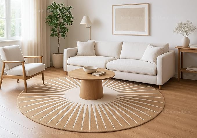 Modern Round Area Rug – Hand-Tufted with 100% NZ Wool, Thick & Soft Circular Carpet for Living Room, Bedroom & Dining Room Decor (Warm Natural, 8' Round)