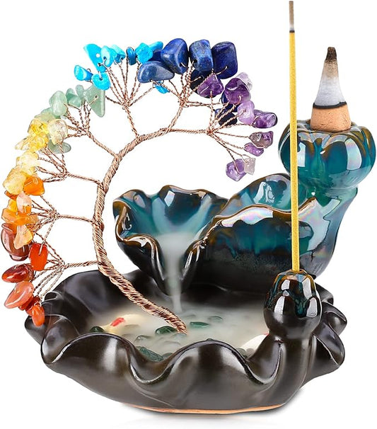 Backflow Incense Burner Ceramic Incense Waterfall 7 Chakras Crystal Tree Incense Holder Namaste Yoga Meditation and Home Decor