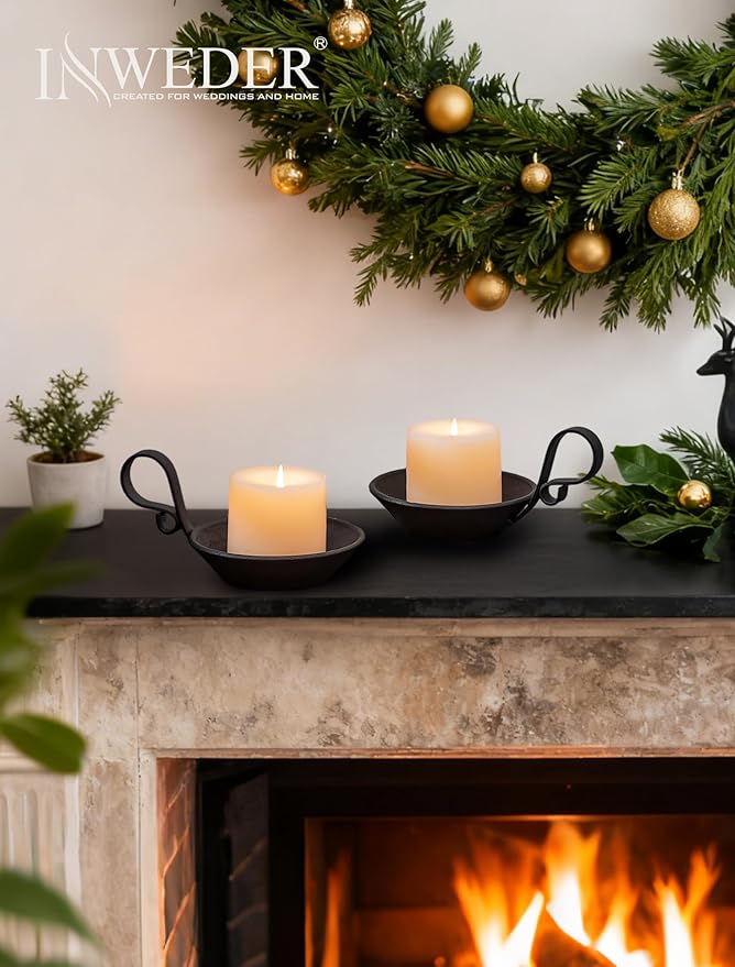 Cast Iron Candle Holder: Matte Black Pillar Candle Plate with Handle and Safety Spike for Pillar/Ball Candles Vintage Decorative Stand for Christmas Halloween Table Home Set of 1