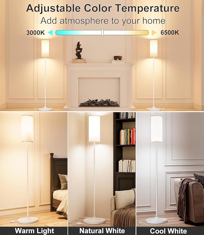 luckystyle LED Floor Lamp for Living Room, Dimmable Standing Lamps with Foot Switch,Remote Custom Color Temperature White Pole Lamp with Lampshade,12W Led Bulb Tall Lamps for Bedroom Office Kid Room