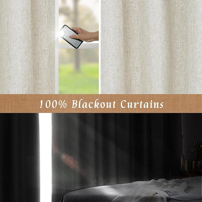 LAMIT 100% Blackout Linen Curtains, 63 Inches Linen Textured Thermal Bedroom Curtains Back Tab and Rod Pocket Neutral Panels with White Liner for Short Windows, 2 Panels, Stone, 42 x 63 Inch