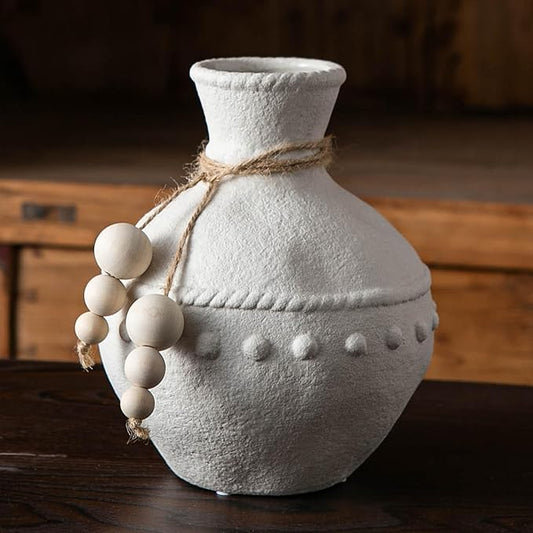 Rustic Ceramic Vase with Boho Wooden Beads, Matte Decorative Pottery for Modern Farmhouse and Bohemian Decor, Floral Arrangements, Living Room, Dining Table Centerpieces