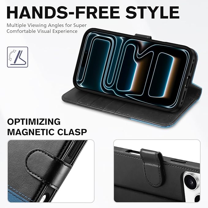 TUCCH Case Wallet for iPhone 17 Pro Max (6.9") 2025, Stand, RFID Blocking, 4 Card Holder, TPU Shockproof Inner Shell, PU Leather, Magnetic Closure Folio Protective Cover, Blue & Lake Blue