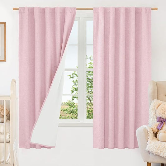 LAMIT Pink 100% Blackout Linen Curtains, 63 Inches Linen Textured Thermal Bedroom Curtains Back Tab and Rod Pocket Neutral Panels with White Liner for Farmhouse, 2 Panels, 38 x 63 Inch