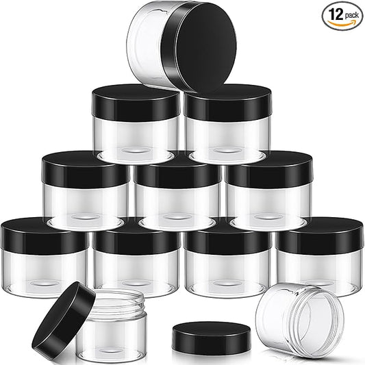 SATINIOR 12 Pack 32 oz Plastic Container Jars with Lids Round Clear Travel Cosmetic Container Slime Jars for Toiletries, Lotion, Cream, Ointments, Makeup, Rhinestone, Samples, Kitchen Storage(Black)
