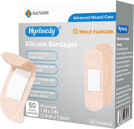 Silicone Adhesive Bandages Small Sizes for Sensitive Fragile Skin 1"x3" 50 Count Flexible Fabric Latex Free Hypoallergenic Breathable Bandages for Adhesive Allergy Wounds
