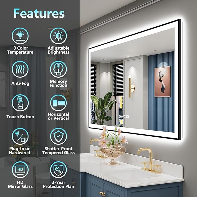55x36 Black Framed LED Bathroom Mirror with Lights, Backlit & Front Lit, Anti-Fog Lighted Vanity Mirrors for Bathroom Wall, Dimmable, 3 Colors, Memory, Shatter-Proof, Tempered Glass, CRI＞90
