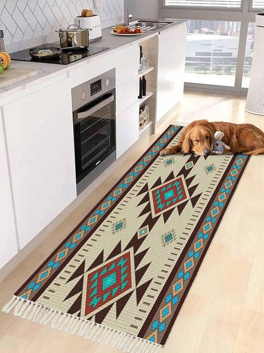 Boho Southwestern Hallway Runner Rug 2X6 Ft Kitchen Carpet, Washable Woven Aztec Abstract Geometric Throw Carpet with Tassel, Non-Shedding Vintage Native American Patterned Bedroom Laundry Rugs