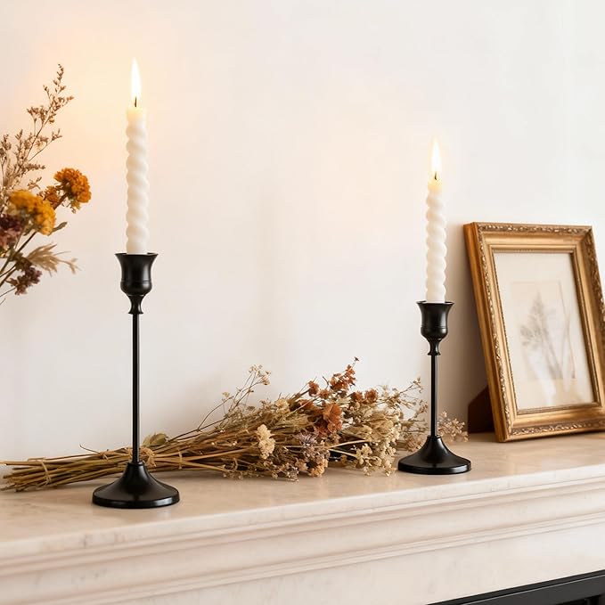 Taper Candle Holders, Tall Vintage Metal Candlestick Holders, 12 PCS Black Candle Sticks Holders for Home Decor Table Centerpiece Wedding Housewarming Festival, Black, 4 Sets (12 pcs)