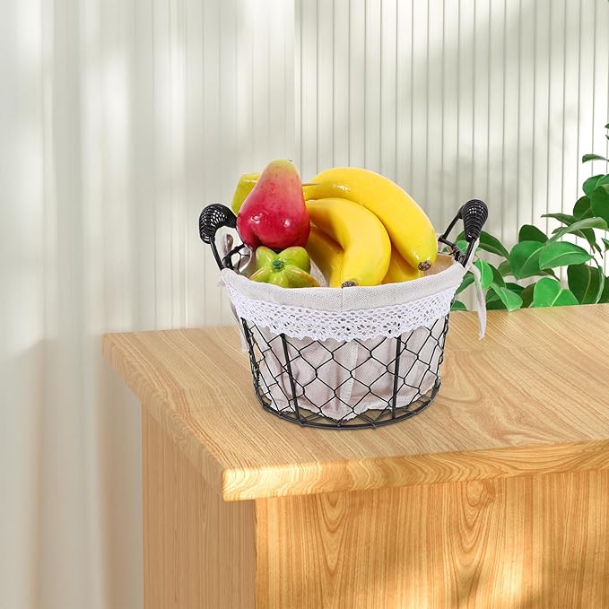 Housoutil Wire Basket with Fabric Liner and Handle, Rustic Metal Storage Basket for Bread, Candy, and Fruit, Multi-use Organizer for Kitchen and Table Decor